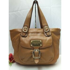 Michael Kors Brown Pebbled Leather Buckle Pocket Top Handle Satchel Shoulder Bag